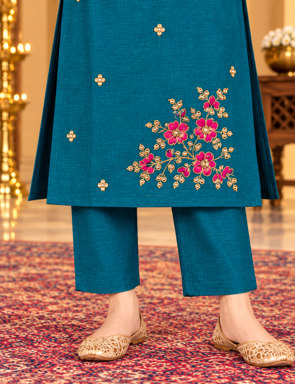 Dark Teal Vichitra Silk Embroidered Side Cut Kurti With Lining HCK03