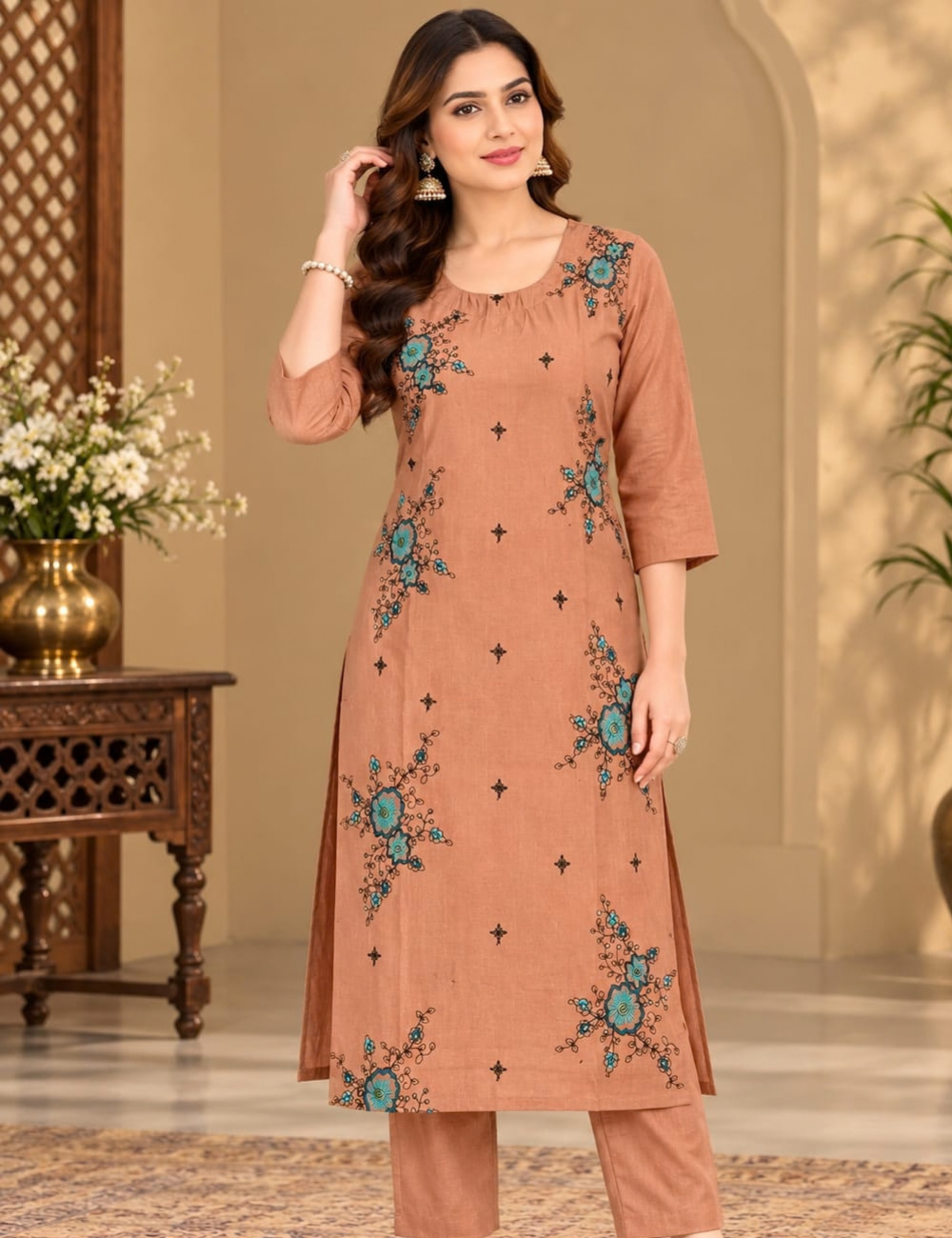 Terracotta Brown Color Vatican Silk Side Cut Kurti with Teal Floral Embroidery HCK10