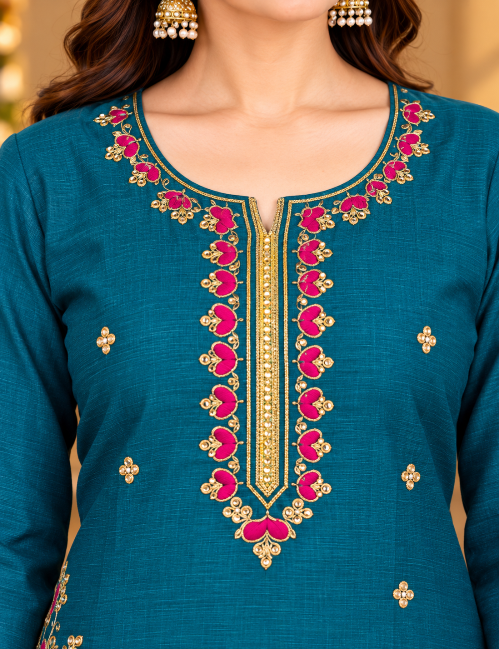 Dark Teal Vichitra Silk Embroidered Side Cut Kurti With Lining HCK03