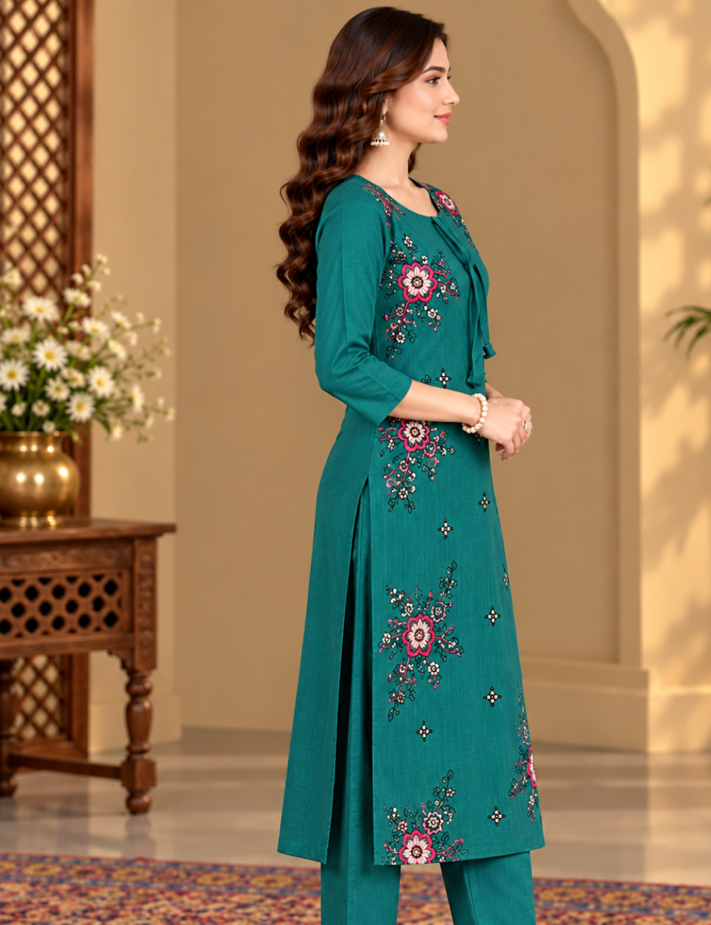 Teal Green Vatican Side Cut Kurti with Pink Floral Embroidery and Tie-Up Neck HCK14