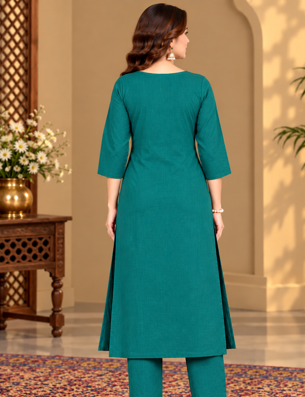 Teal Green Vatican Side Cut Kurti with Pink Floral Embroidery and Tie-Up Neck HCK14