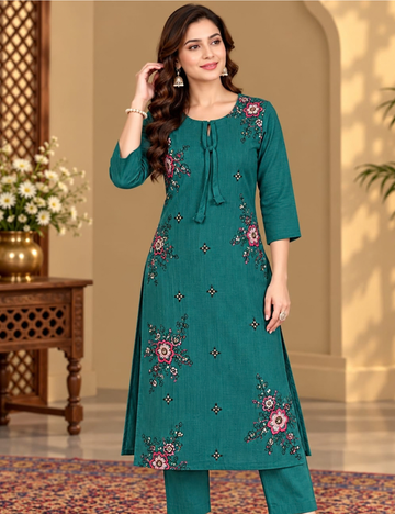 Teal Green Vatican Side Cut Kurti with Pink Floral Embroidery and Tie-Up Neck HCK14