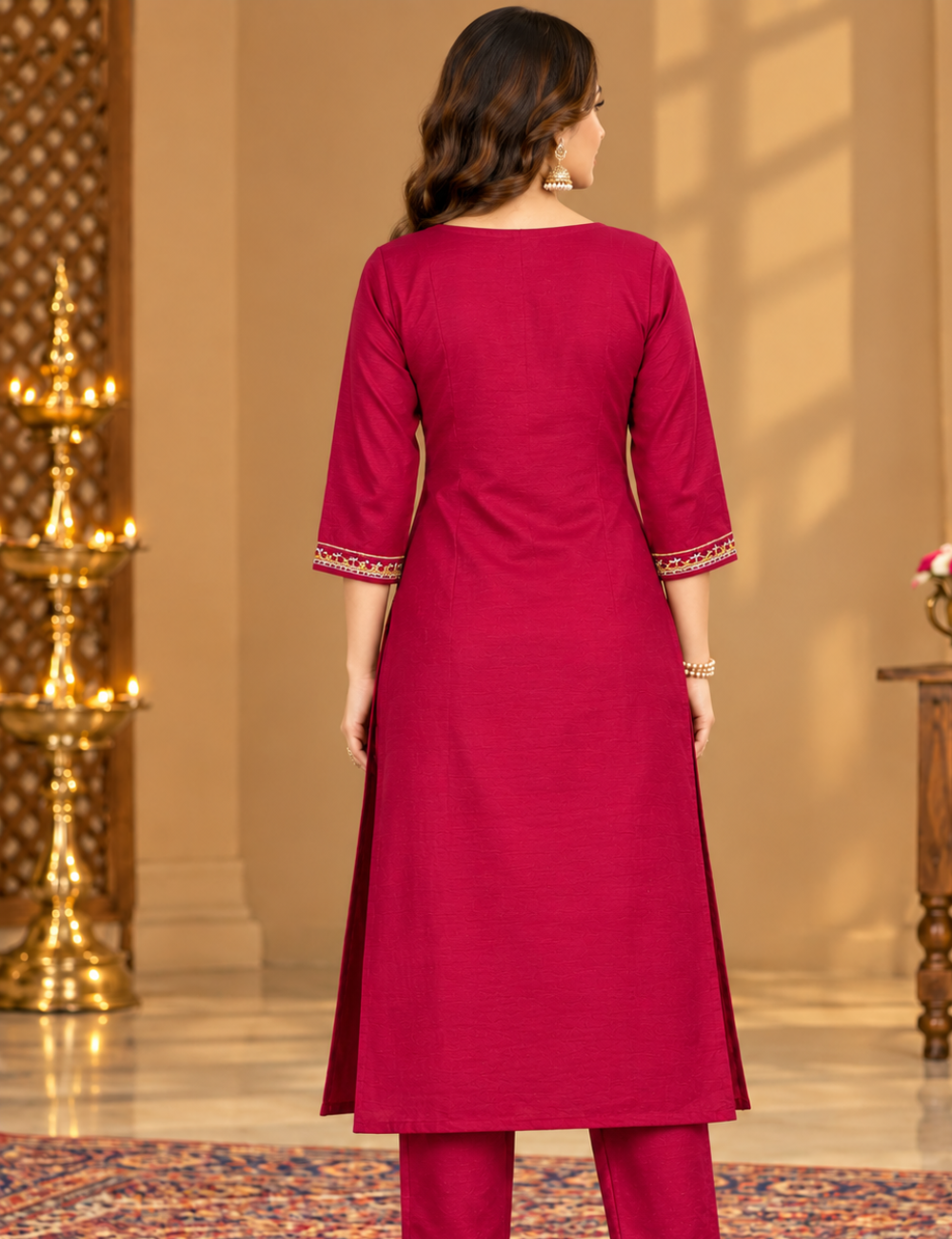 Crimson Red Vichitra Side Cut Kurti with Traditional Pot Motif Yoke Embroidery with Lining HCK11