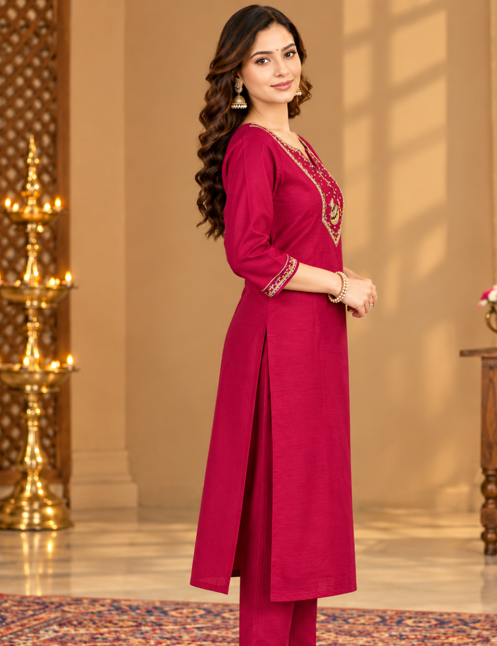 Crimson Red Vichitra Side Cut Kurti with Traditional Pot Motif Yoke Embroidery with Lining HCK11