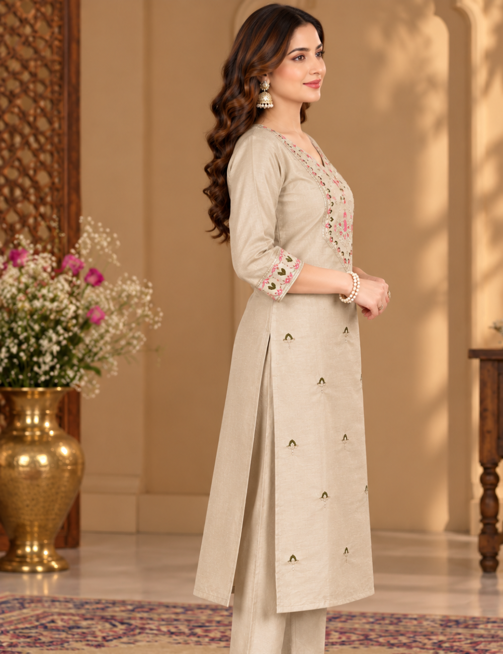Creamy White Vichitra Side Cut Kurti with V-Yoke Floral Embroidery with Lining HCK13
