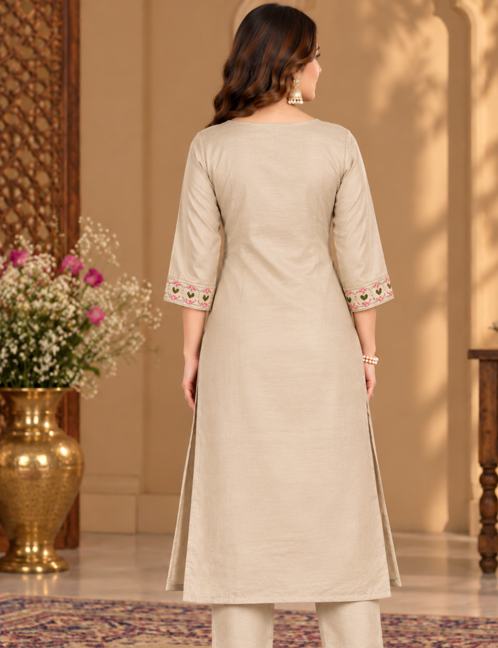 Creamy White Vichitra Side Cut Kurti with V-Yoke Floral Embroidery with Lining HCK13