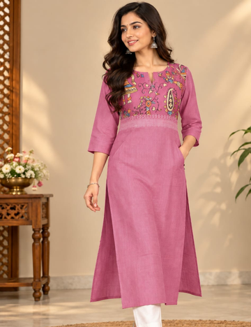 Mauve Pink Side Cut Kurti with Kalamkari Yoke Art & Side Pocket HCK38