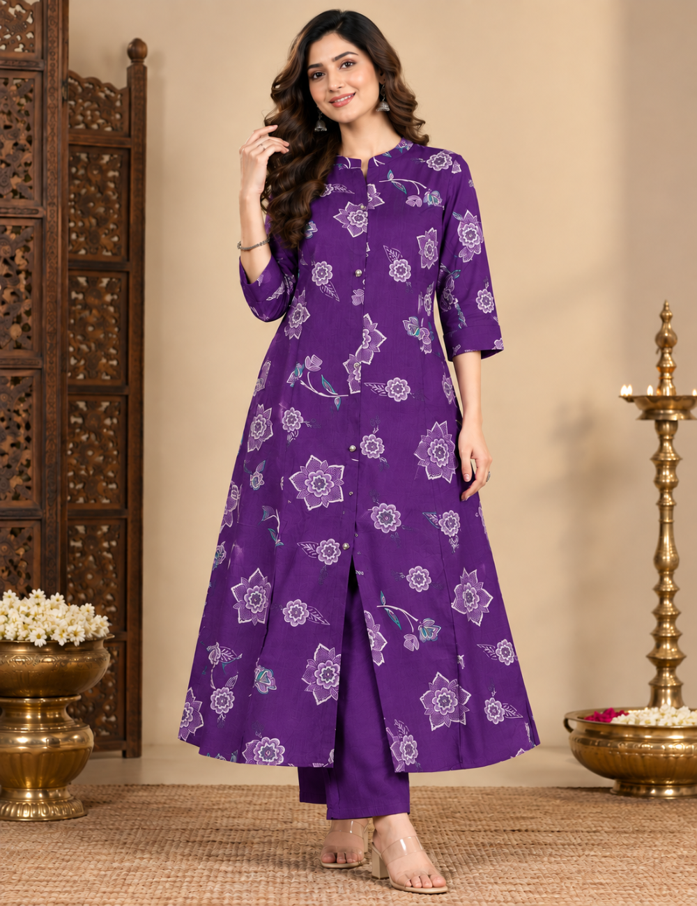 Vatican 2 Piece Floral Printed 3/4-Sleeve Kurti Set with Mandarin Collar, Button Placket, and Matching Trousers HC2P08