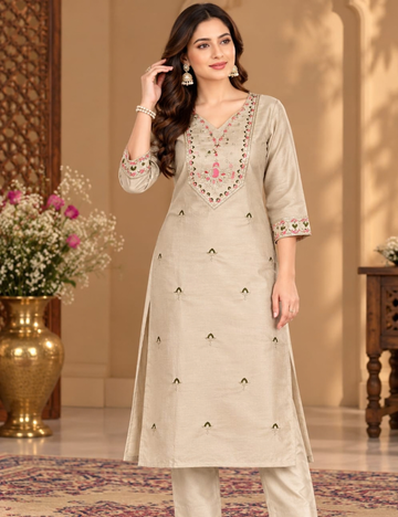 Creamy White Vichitra Side Cut Kurti with V-Yoke Floral Embroidery with Lining HCK13