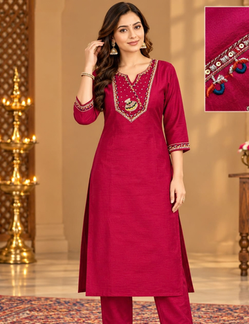Crimson Red Vichitra Side Cut Kurti with Traditional Pot Motif Yoke Embroidery with Lining HCK11