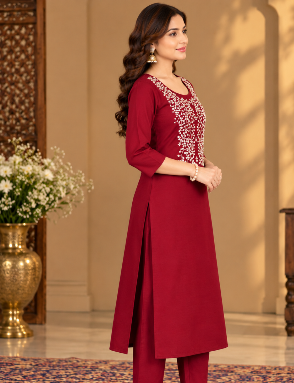 Maroon Red Vatican Side Cut Kurti with White Floral Yoke Embroidery HCK12