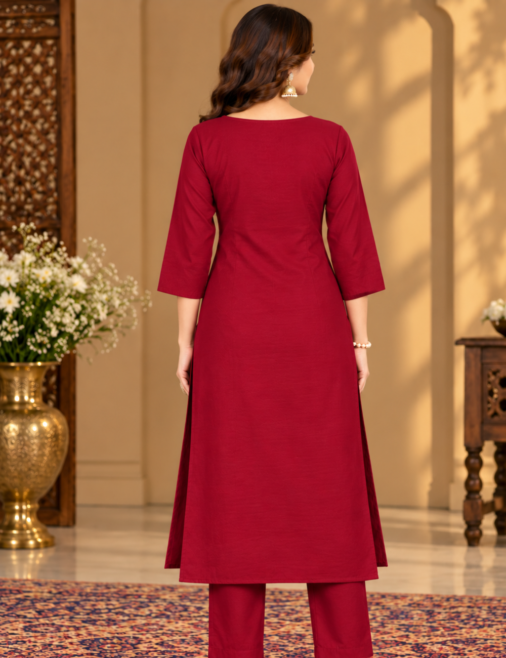 Maroon Red Vatican Side Cut Kurti with White Floral Yoke Embroidery HCK12