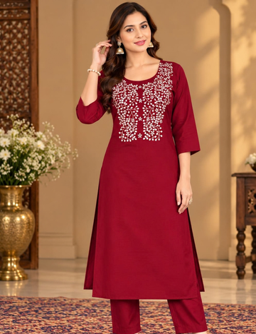Maroon Red Vatican Side Cut Kurti with White Floral Yoke Embroidery HCK12