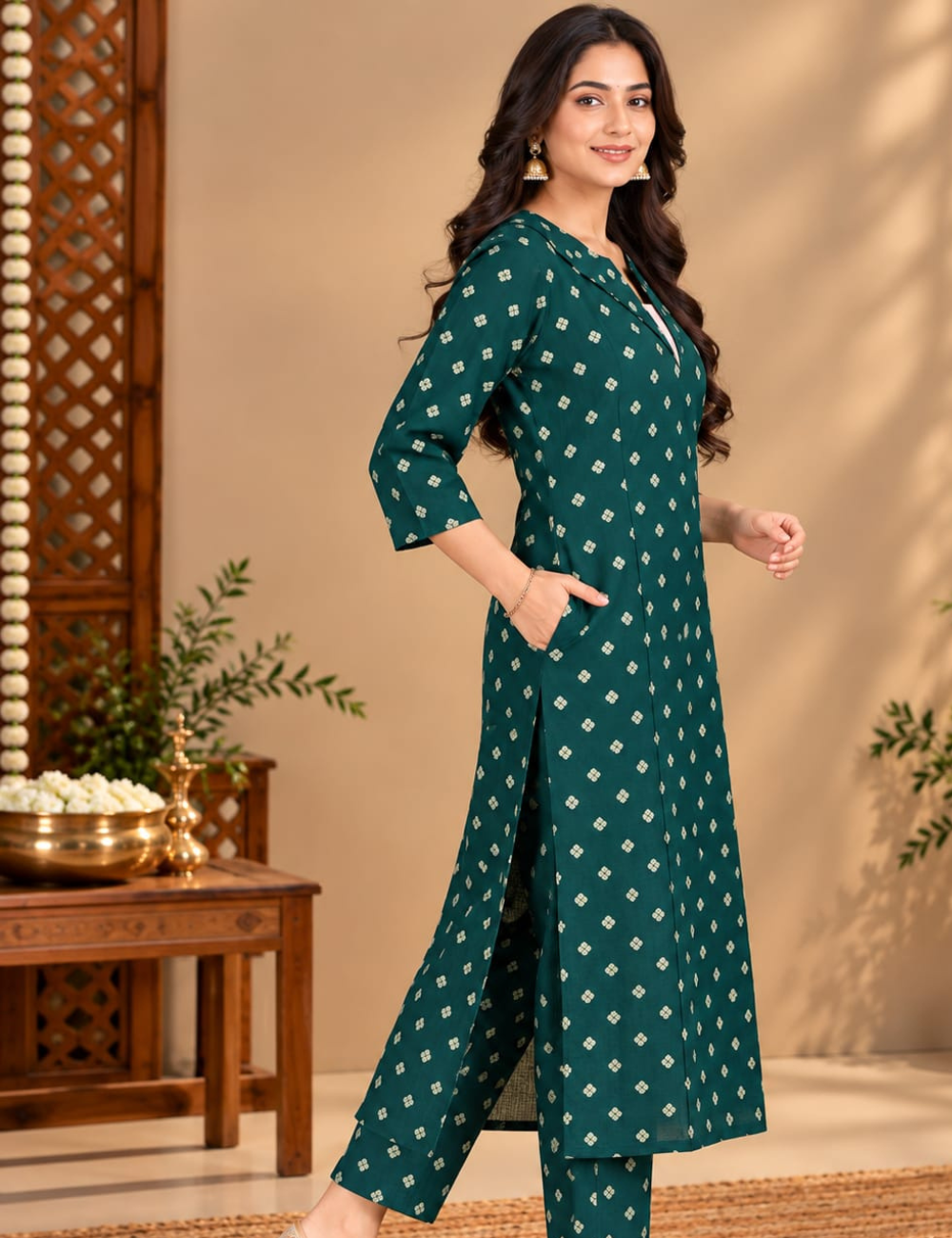 Deep Emerald Green Side Cut Kurti with Lapel Collar & Side Pocket HCK39