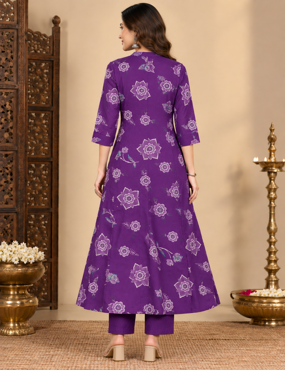 Vatican 2 Piece Floral Printed 3/4-Sleeve Kurti Set with Mandarin Collar, Button Placket, and Matching Trousers HC2P08