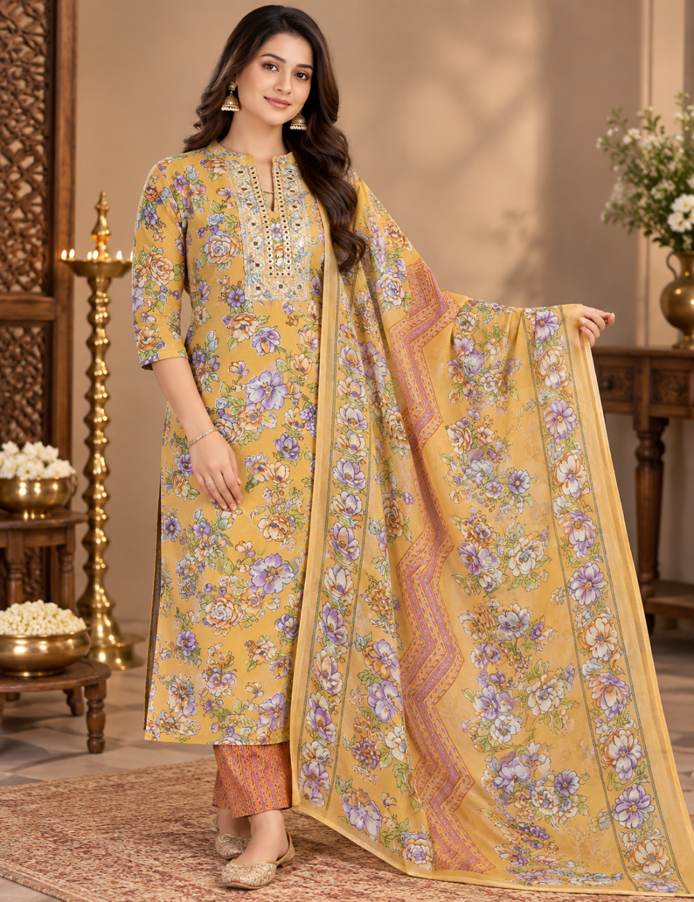 Orange Floral Printed Cotton 3-Piece Suit Set with Mirror-Work Yoke and Matching Dupatta HC3P33