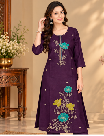 Dark Violet Vichitra Silk Embroidered Side Cut Kurti with Lining HCK43