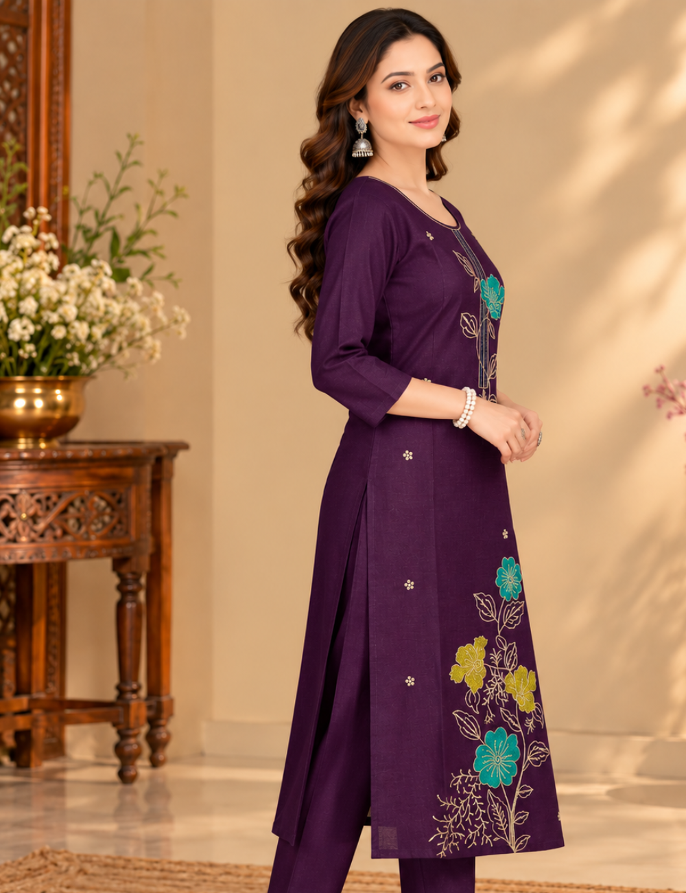 Dark Violet Vichitra Silk Embroidered Side Cut Kurti with Lining HCK43