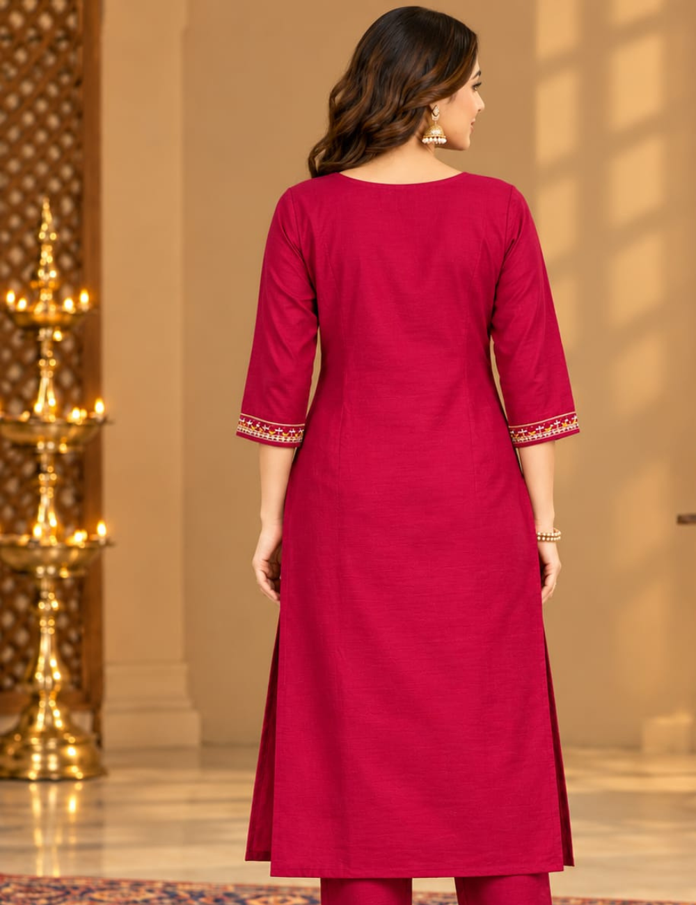 Crimson Red Vichitra Side Cut Kurti with Traditional Pot Motif Yoke Embroidery with Lining HCK42