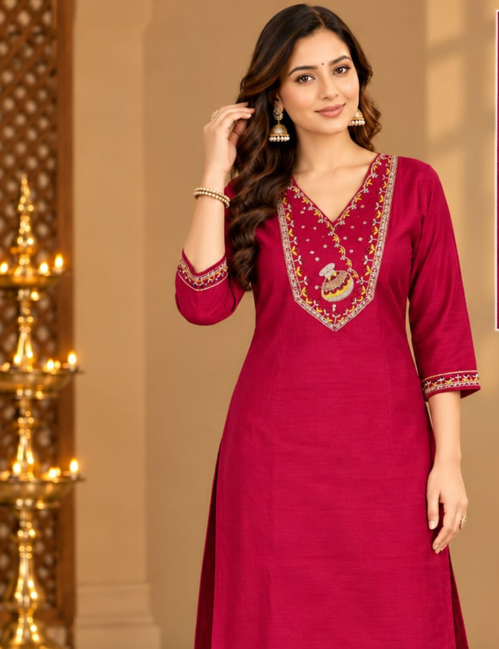 Crimson Red Vichitra Side Cut Kurti with Traditional Pot Motif Yoke Embroidery with Lining HCK42