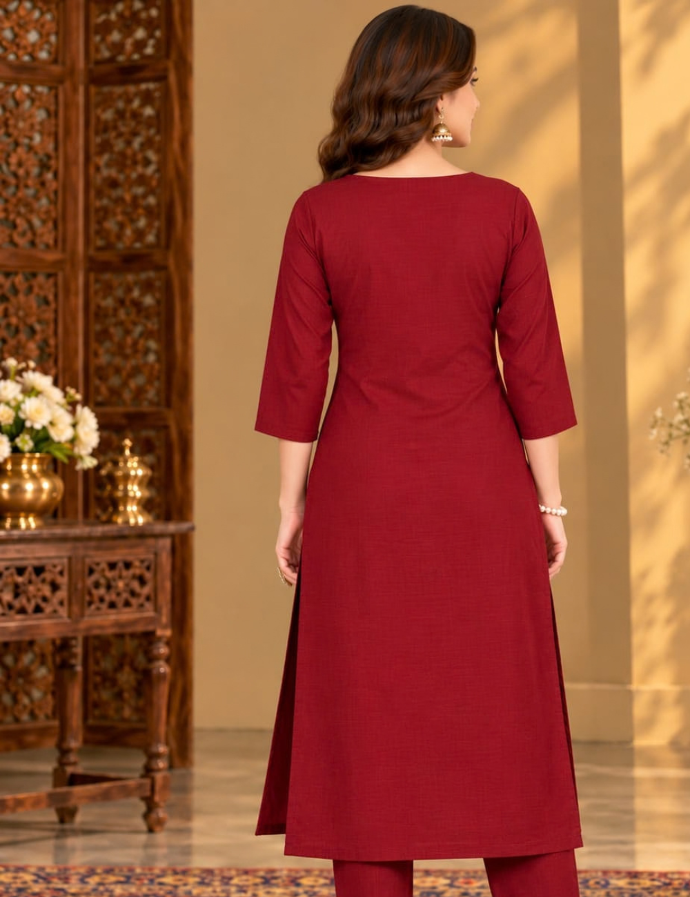 Maroon Side Cut Vichitra Kurti with Turquoise Blue and Olive Floral Embroidery With Lining HCK16