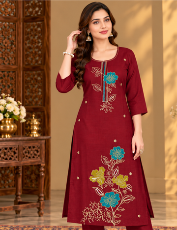 Maroon Side Cut Vichitra Kurti with Turquoise Blue and Olive Floral Embroidery With Lining HCK16