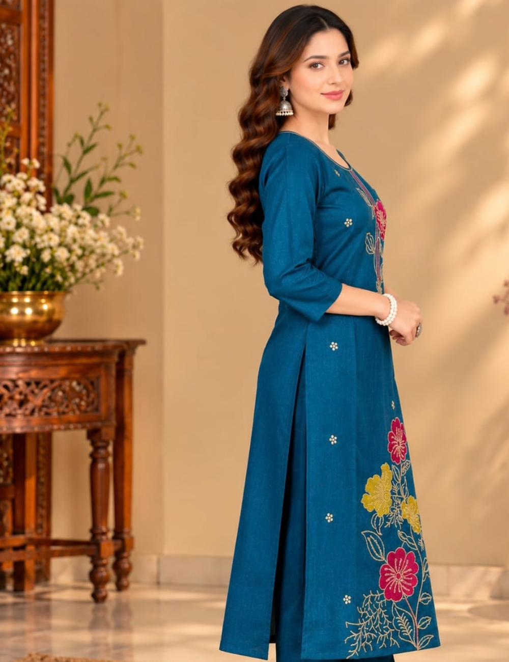 Deep Ocean Blue Vichitra Side Cut Kurti with Lining HCK15