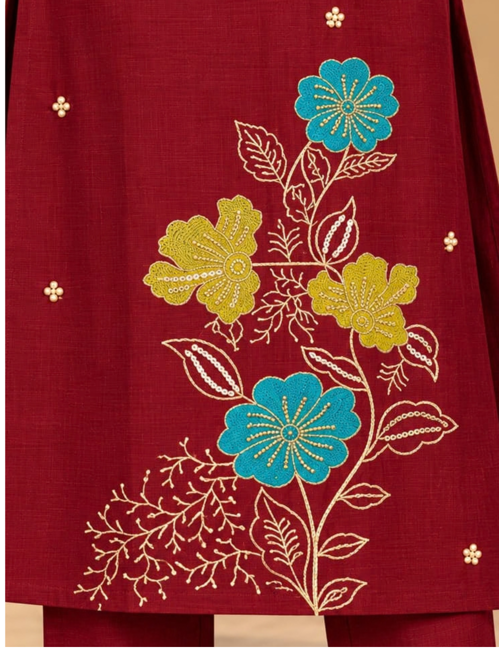Maroon Side Cut Vichitra Kurti with Turquoise Blue and Olive Floral Embroidery With Lining HCK16
