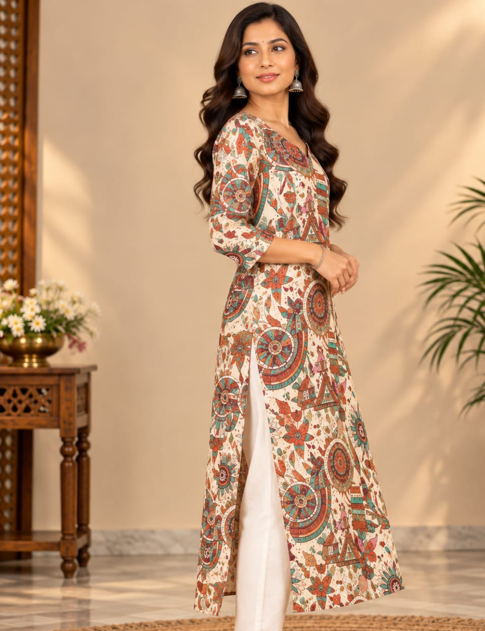 Beige Side Cut Kurti with Kalamkari Mandalas & Village Art Print HCK40