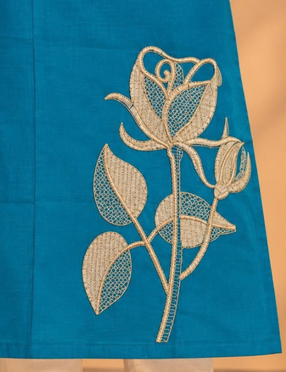 Azure Blue Vatican V-Neck Side Cut Kurti with Golden Floral Embroidery HCK22