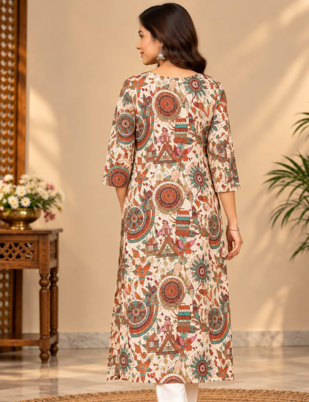 Beige Side Cut Kurti with Kalamkari Mandalas & Village Art Print HCK40