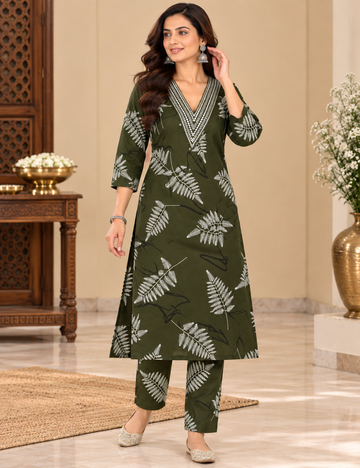 Olive Green Color Rayon Floral Printed 3/4-Sleeve Kurti Set with Gota-Trimmed V-Neckline and Matching Trousers HC2P04