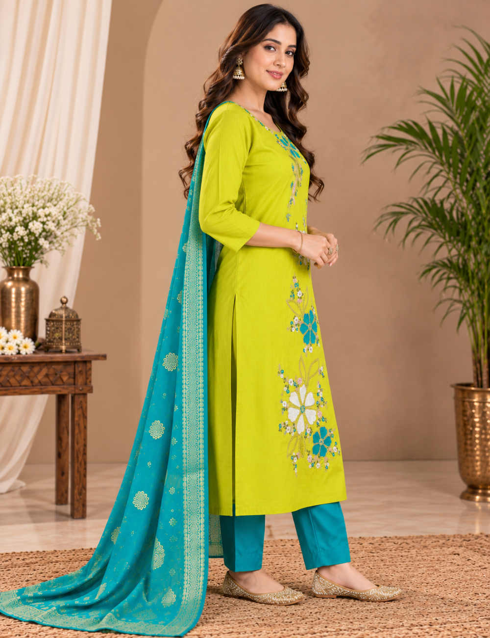 Lime Green & Teal Vatican 3-Piece Suit Set with Hand-Embroidered Floral Yoke & Contrast Banarasi-Style Dupatta HC3P09