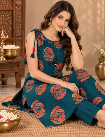 Teal Blue Cotton Floral Printed Sleeveless Kurti Set with Neck Mirror Work and Tassels HC2P14