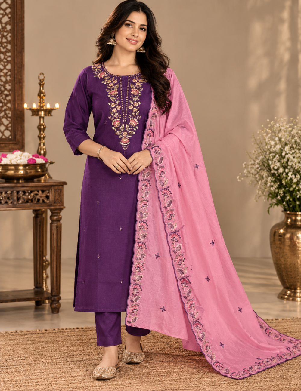 Royal Purple & Soft Pink Vatican silk 3-Piece Suit Set with Intricate Floral Embroidered Yoke & Scalloped Dupatta HC3P16