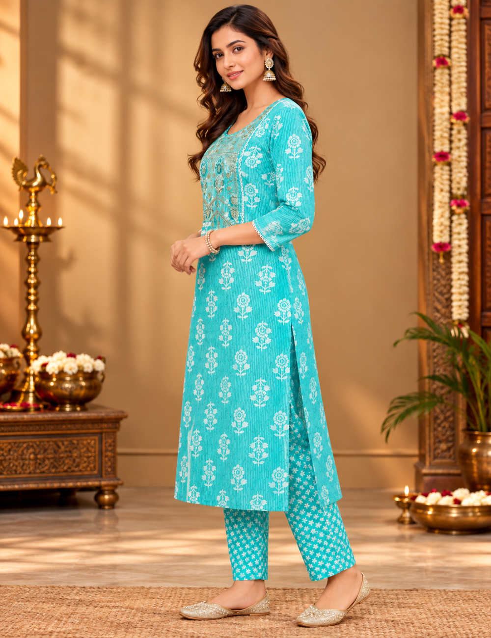 Bright Cyan Geometric Print 2 Piece Cotton Kurti with Notch Neckline & Zari Embroidery HC2P09