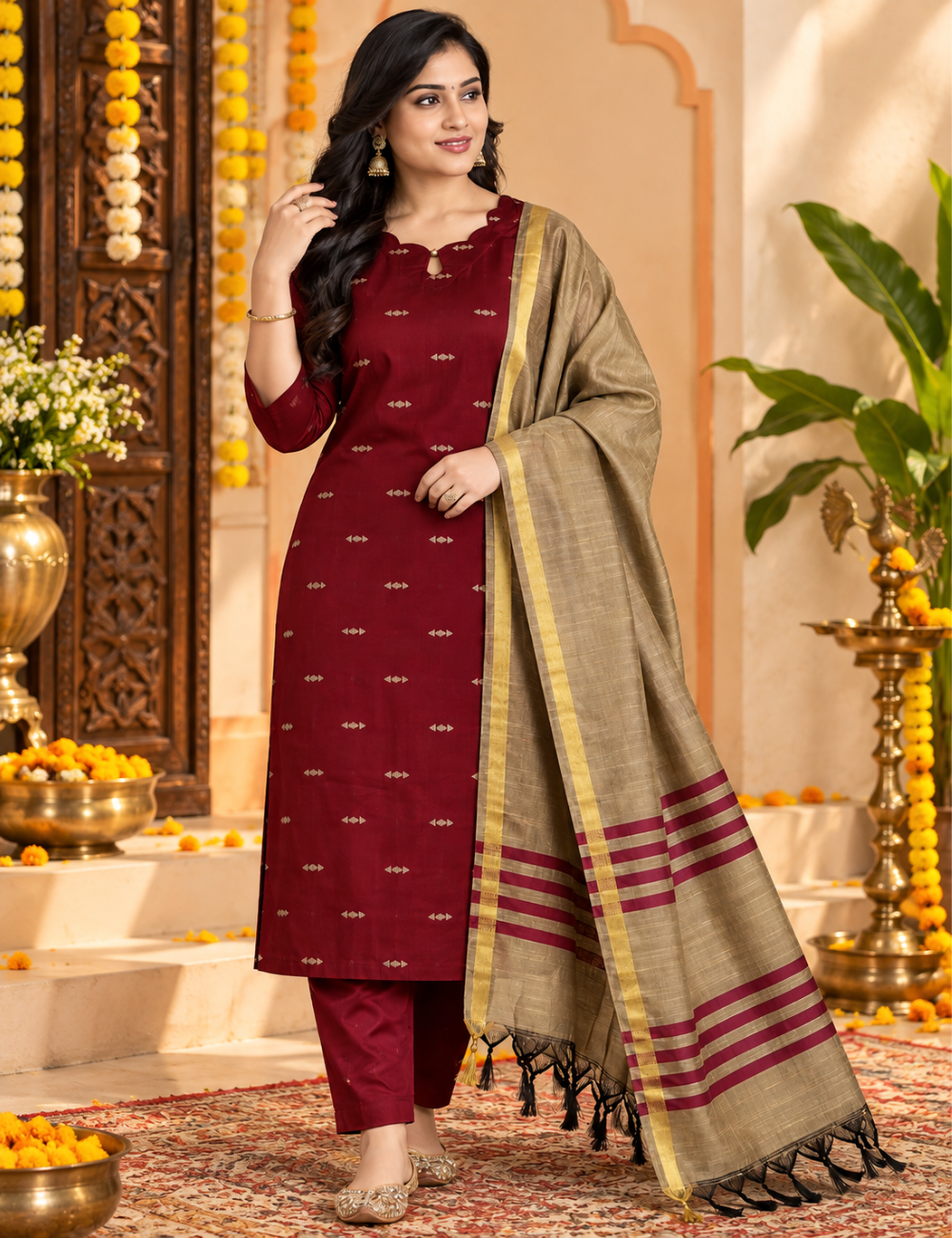 Maroon Zari-Woven Raw Silk 3-Piece Set: Scalloped Neckline & Contrast Dupatta HC3P34