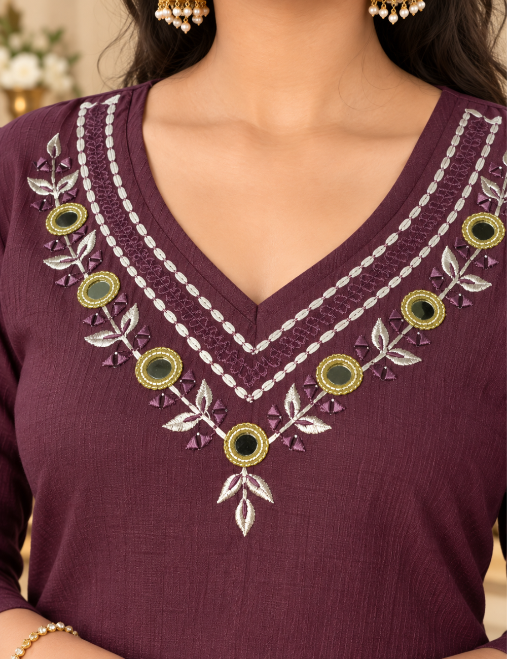 Wine Color Vatican Straight Kurti Set with V-Neckline, Floral Embroidery, Mirror Work, and Matching Trousers HC2P06