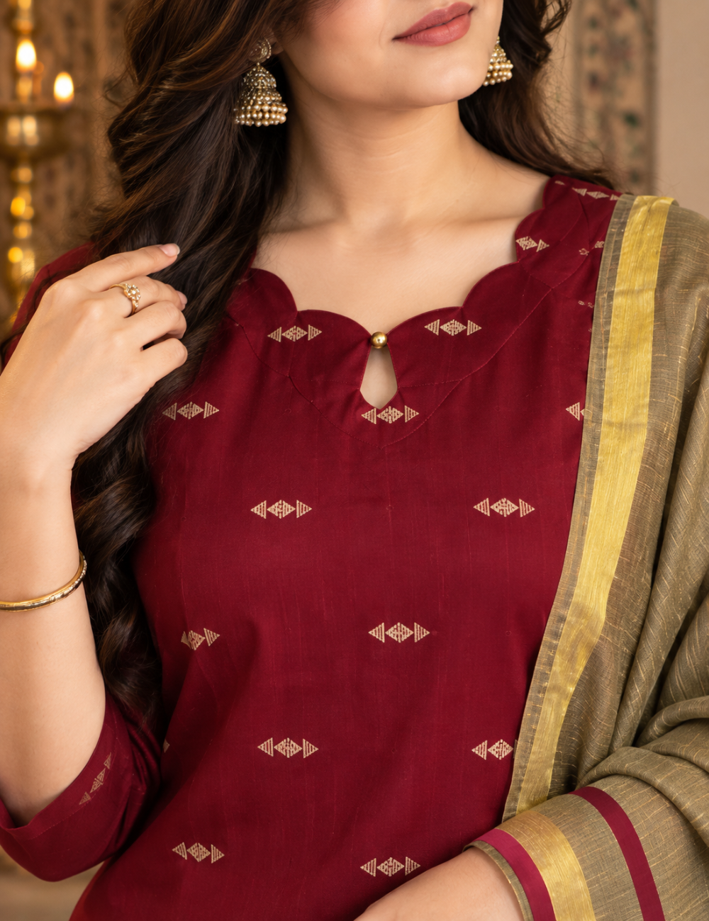 Maroon Zari-Woven Raw Silk 3-Piece Set: Scalloped Neckline & Contrast Dupatta HC3P34