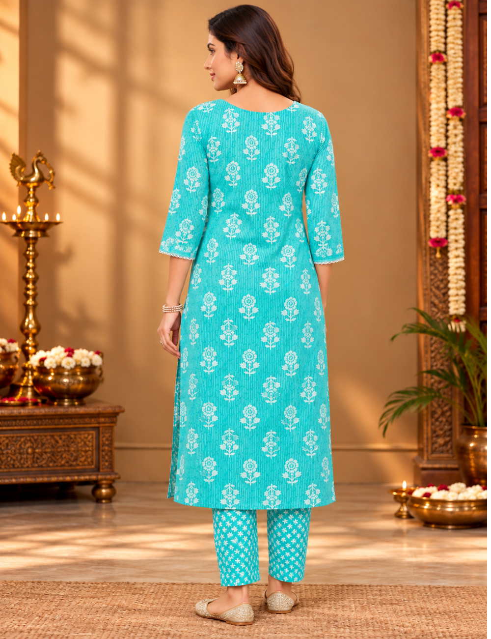 Bright Cyan Geometric Print 2 Piece Cotton Kurti with Notch Neckline & Zari Embroidery HC2P09