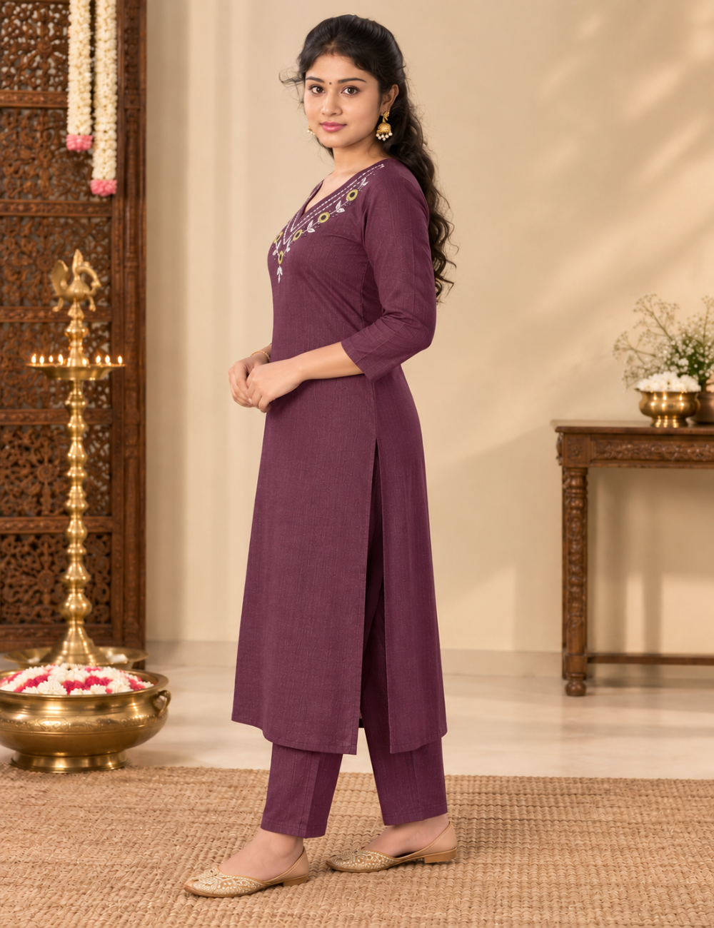 Wine Color Vatican Straight Kurti Set with V-Neckline, Floral Embroidery, Mirror Work, and Matching Trousers HC2P06