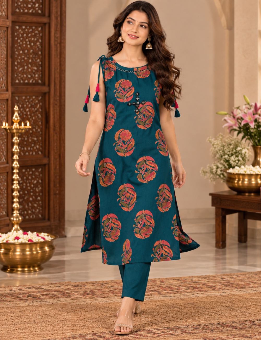 Teal Blue Cotton Floral Printed Sleeveless Kurti Set with Neck Mirror Work and Tassels HC2P14