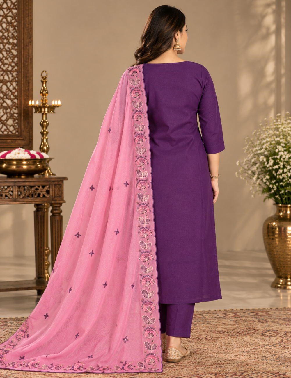 Royal Purple & Soft Pink Vatican silk 3-Piece Suit Set with Intricate Floral Embroidered Yoke & Scalloped Dupatta HC3P16