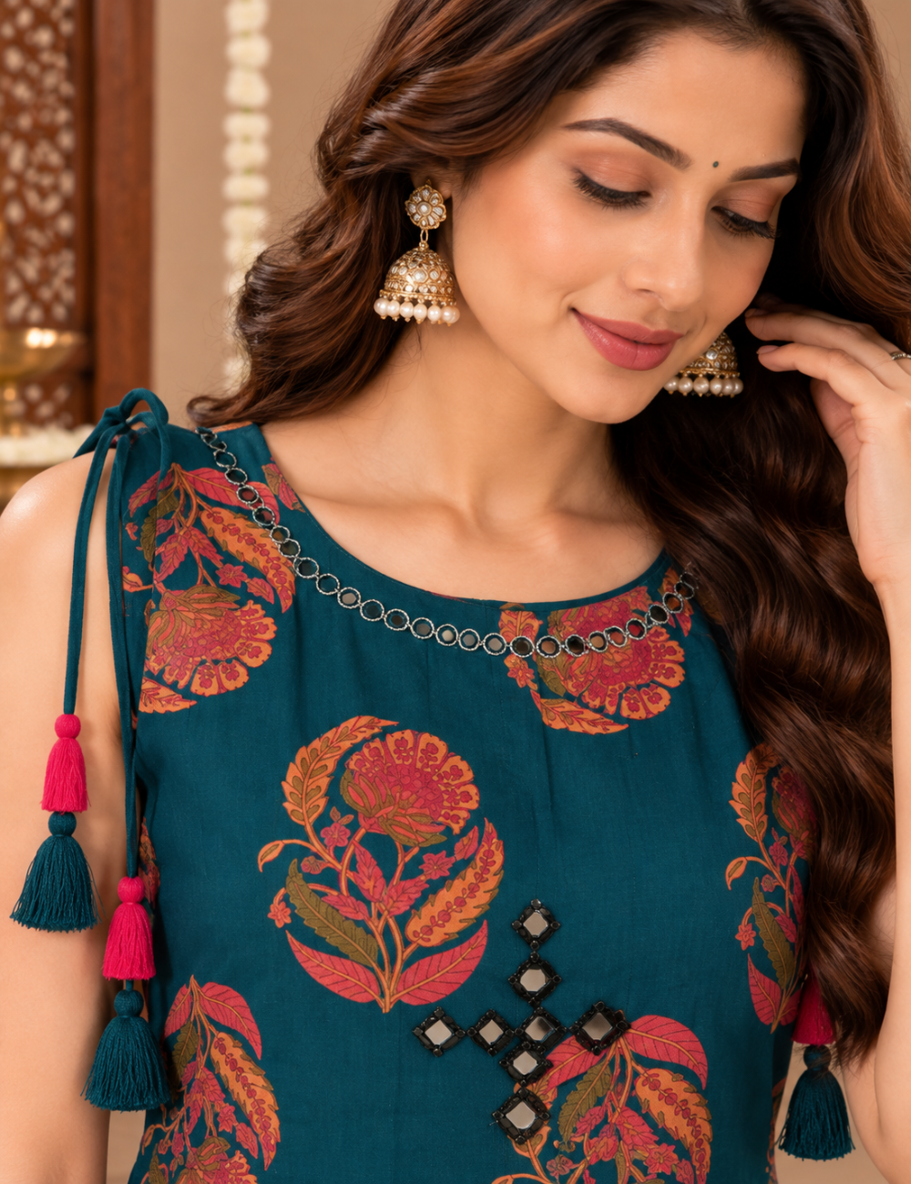 Teal Blue Cotton Floral Printed Sleeveless Kurti Set with Neck Mirror Work and Tassels HC2P14