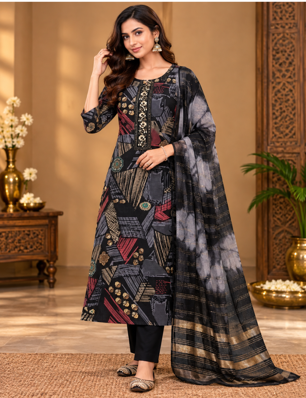 Black Abstract Vatican Silk 3-Piece Kurti Set: Scoop Neckline, Foil Print & Tie-Dye Dupatta HC3P07