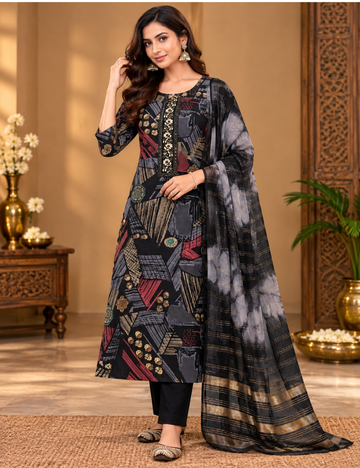 Black Abstract Vatican Silk 3-Piece Kurti Set: Scoop Neckline, Foil Print & Tie-Dye Dupatta HC3P07