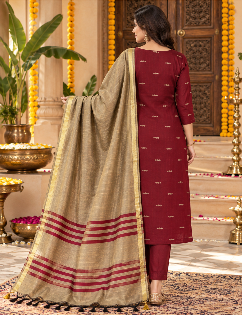 Maroon Zari-Woven Raw Silk 3-Piece Set: Scalloped Neckline & Contrast Dupatta HC3P34