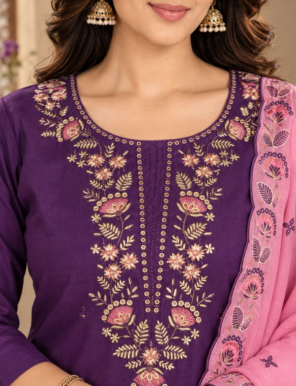 Royal Purple & Soft Pink Vatican silk 3-Piece Suit Set with Intricate Floral Embroidered Yoke & Scalloped Dupatta HC3P16