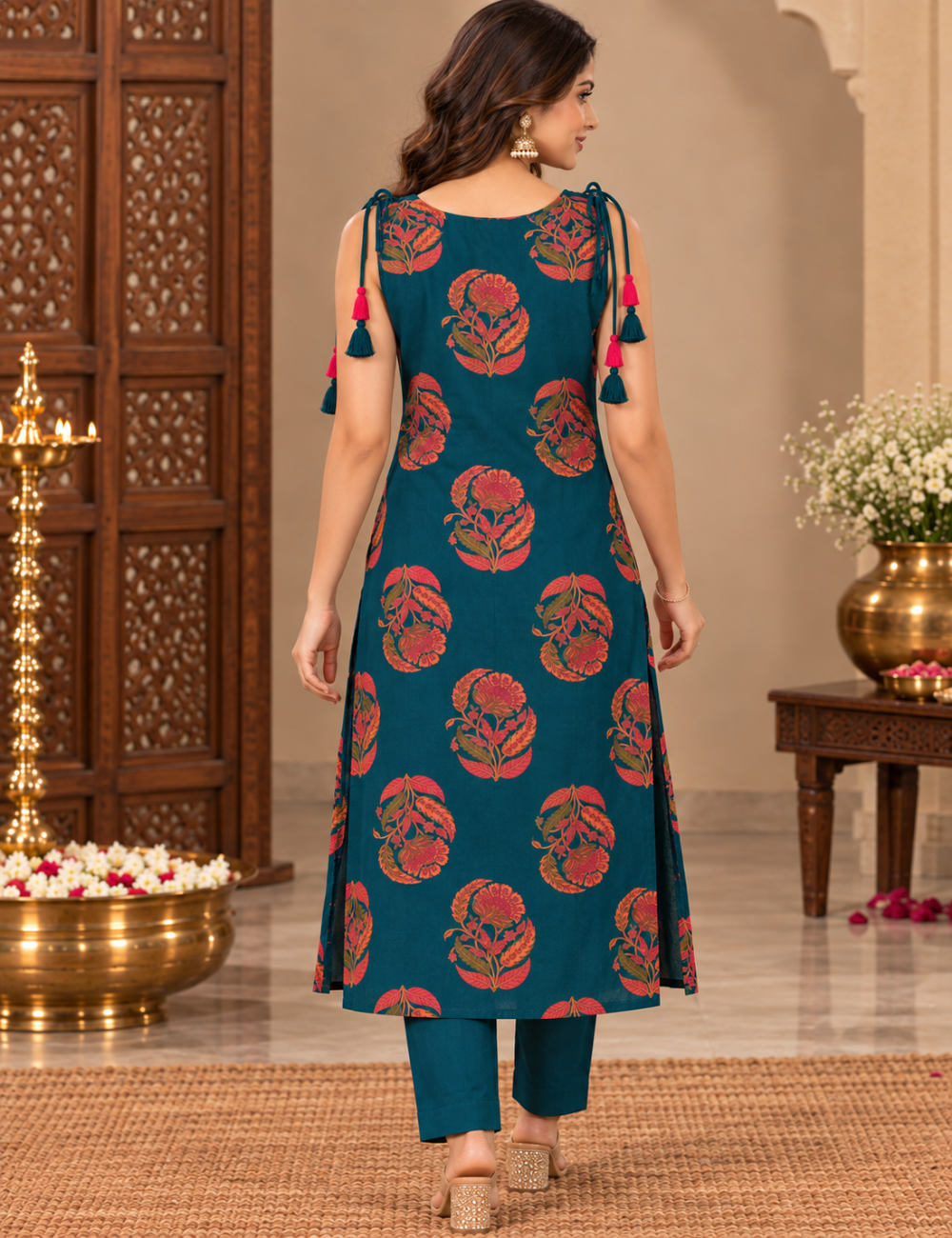 Teal Blue Cotton Floral Printed Sleeveless Kurti Set with Neck Mirror Work and Tassels HC2P14