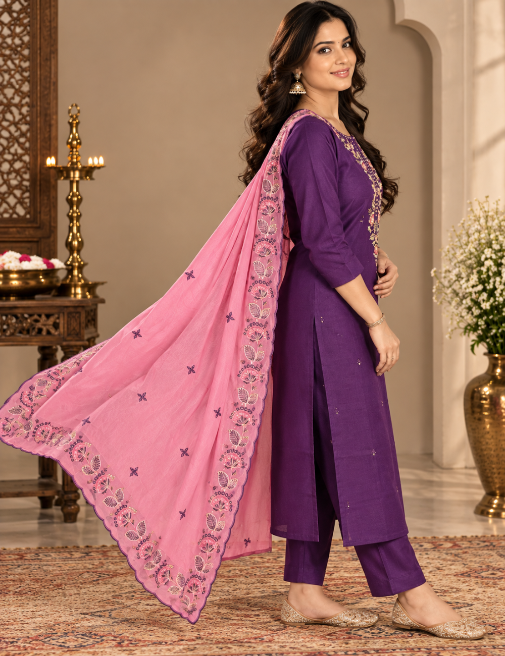 Royal Purple & Soft Pink Vatican silk 3-Piece Suit Set with Intricate Floral Embroidered Yoke & Scalloped Dupatta HC3P16